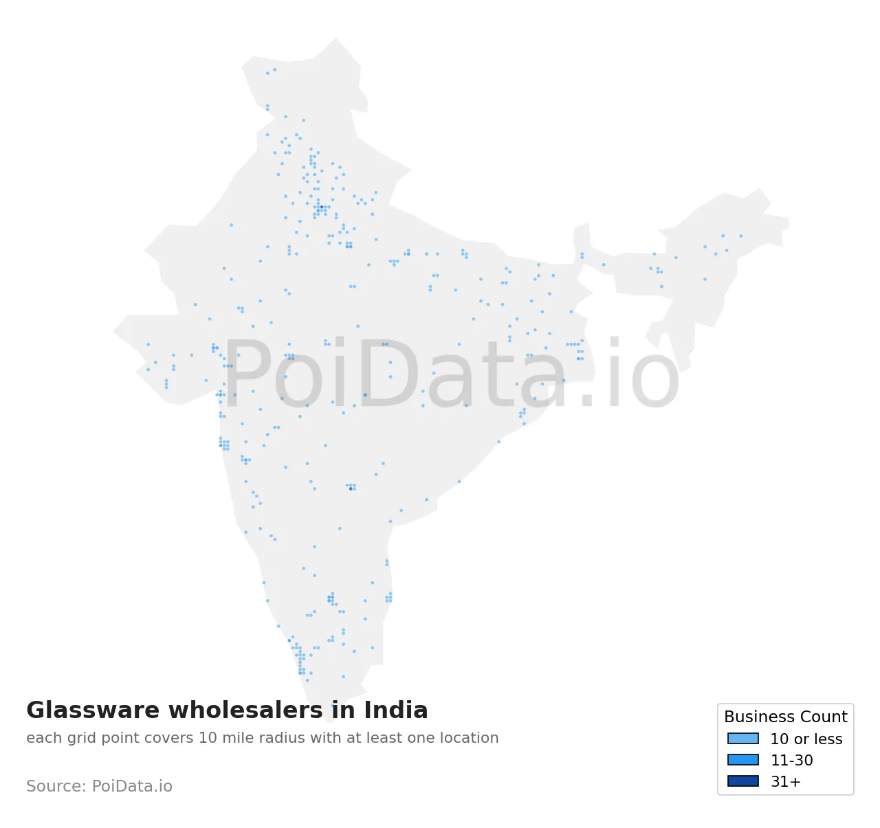 Glassware wholesaler density map for India