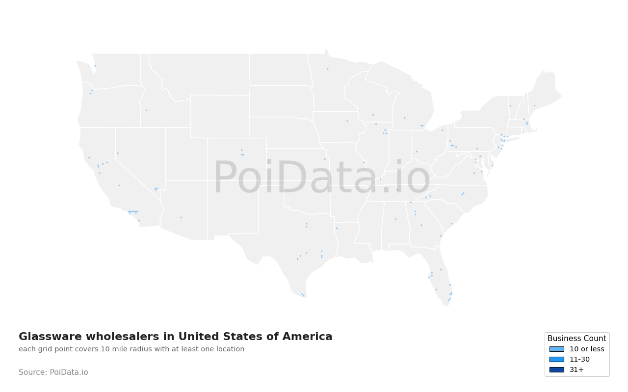 Glassware wholesaler density map for Maryland, United States