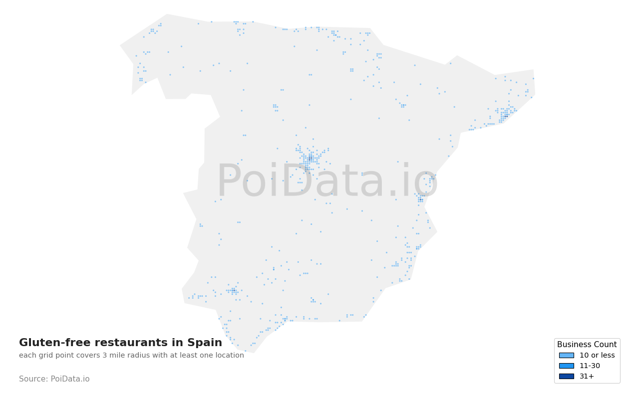 Gluten-free restaurant density map for Spain