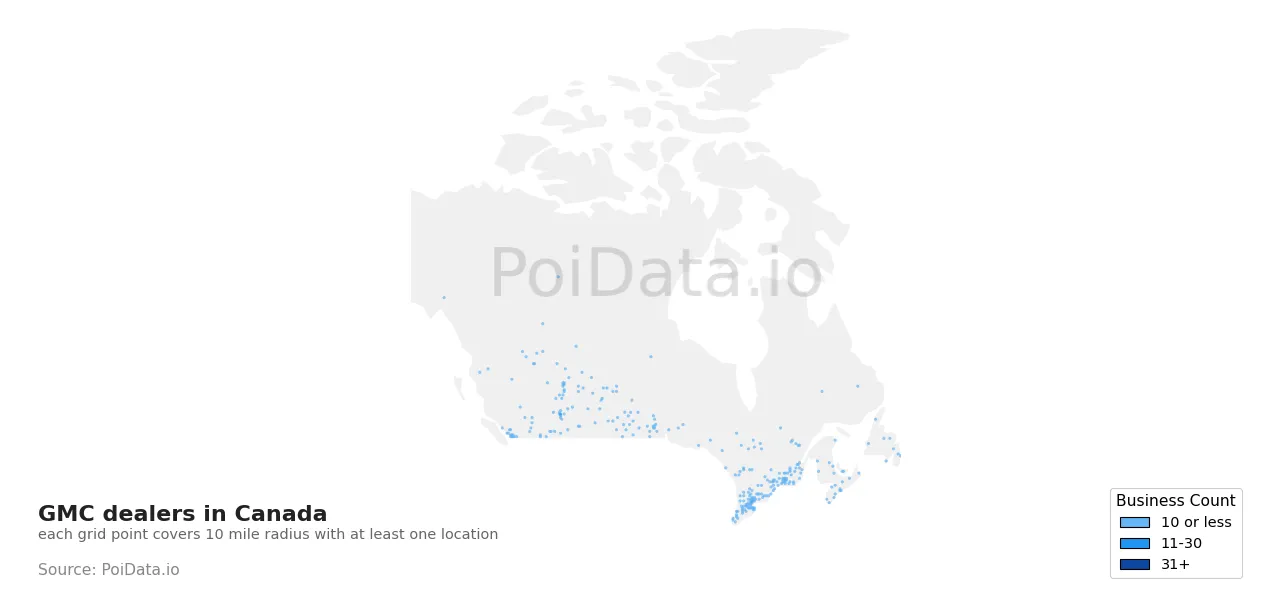 GMC dealer density map for Canada