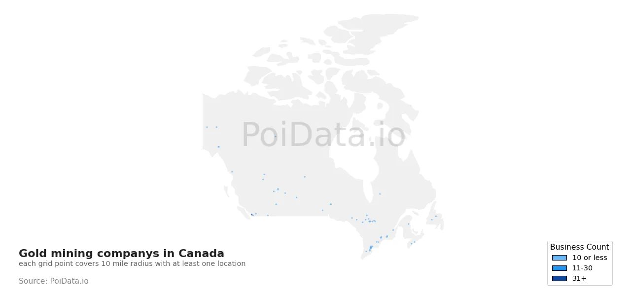 Gold mining company density map for Canada