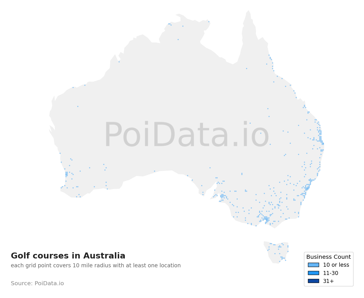 Golf course density map for Tasmania, Australia