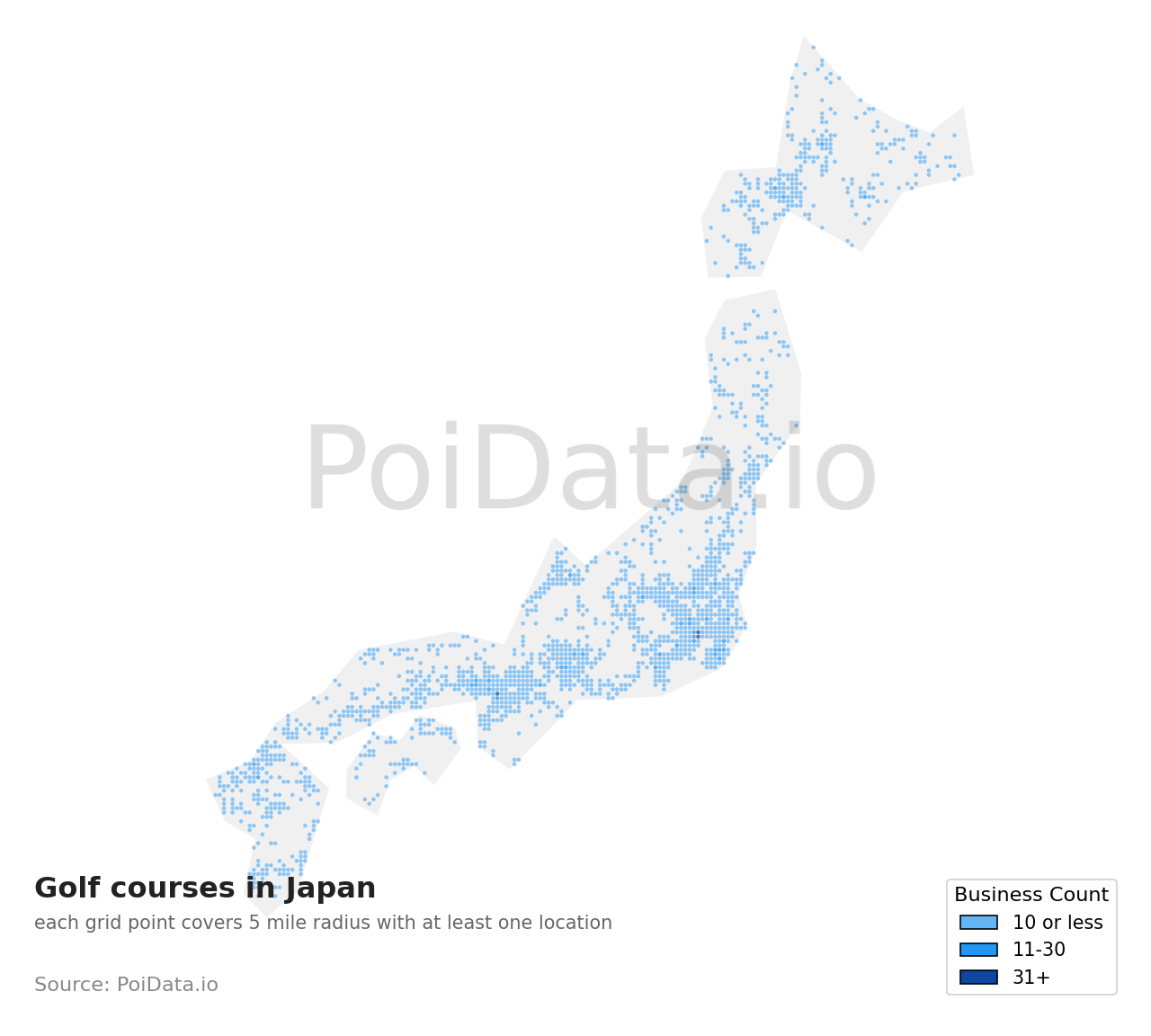 Golf course density map for Japan