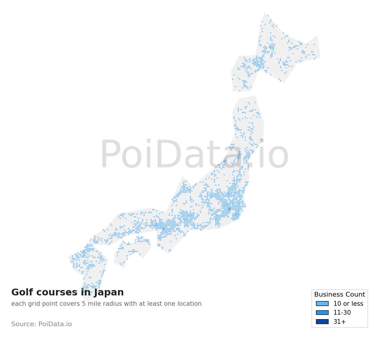 Golf course density map for Japan