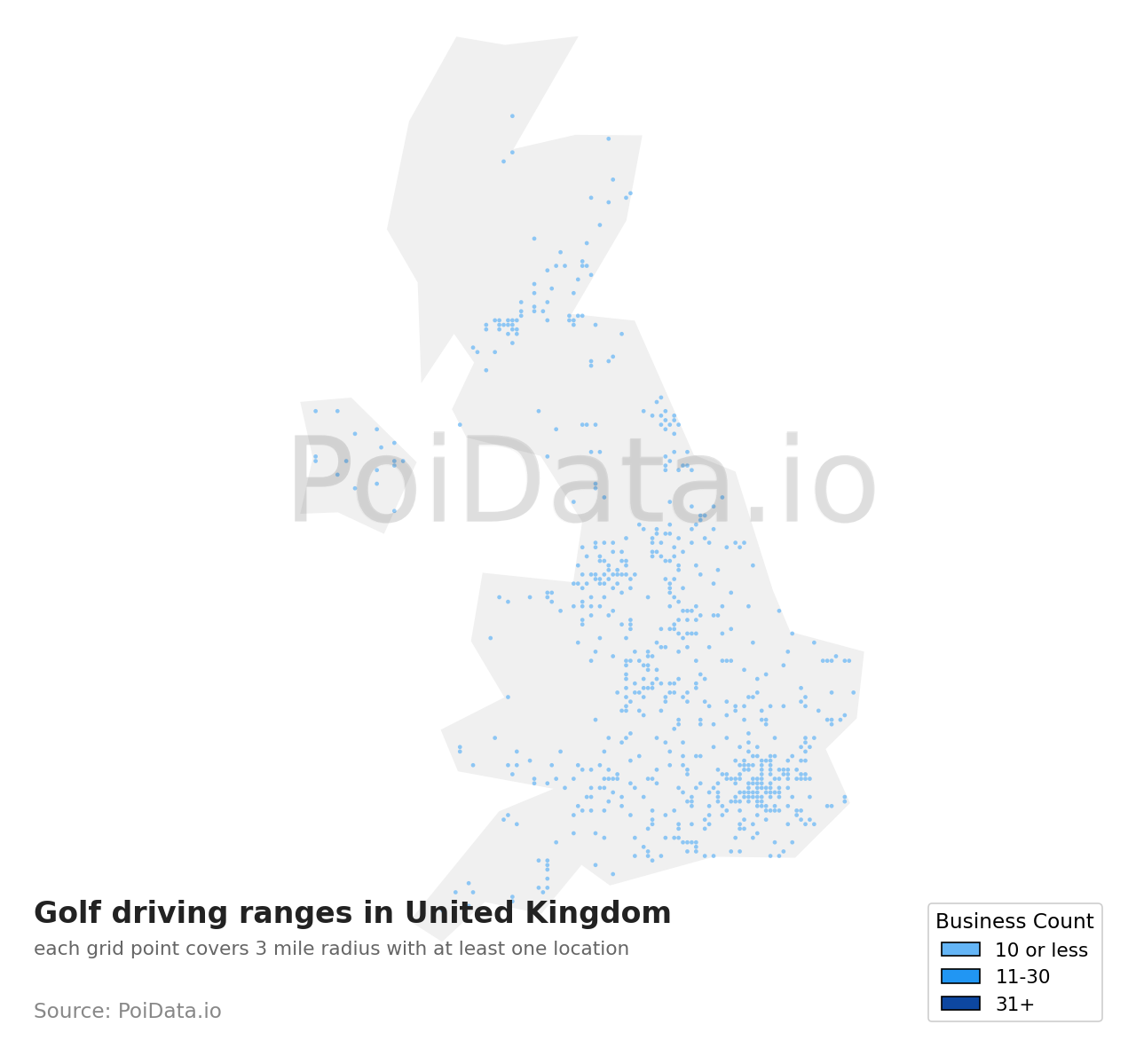 Golf driving range density map for United Kingdom