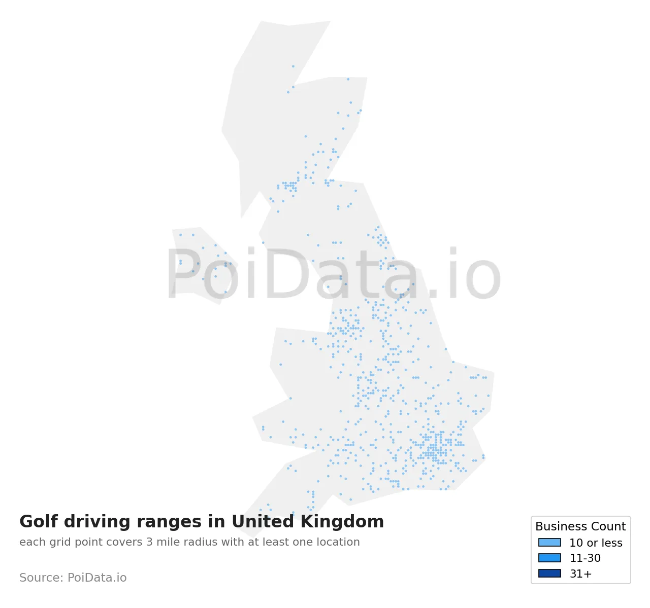 Golf driving range density map for United Kingdom