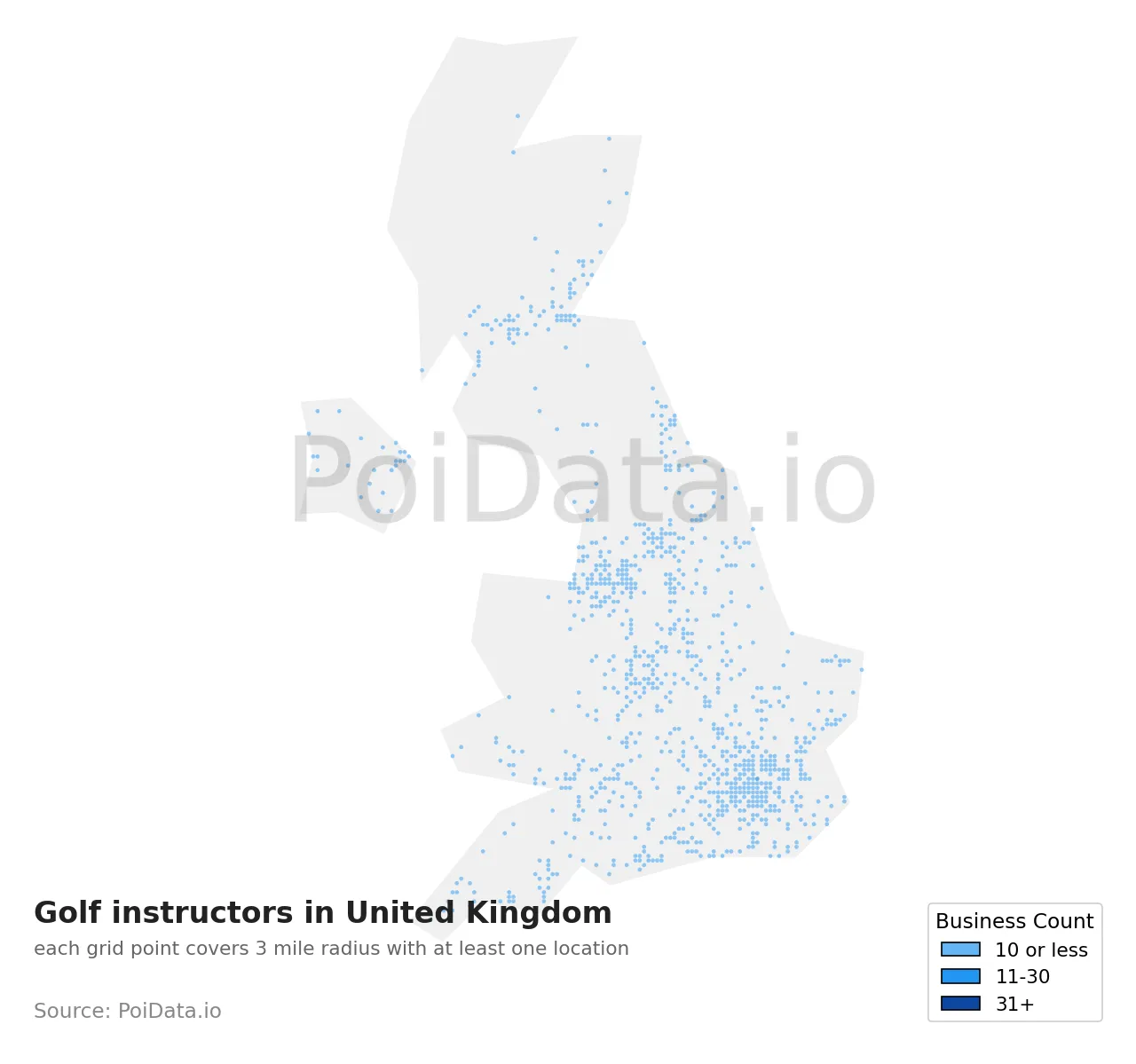 Golf instructor density map for United Kingdom