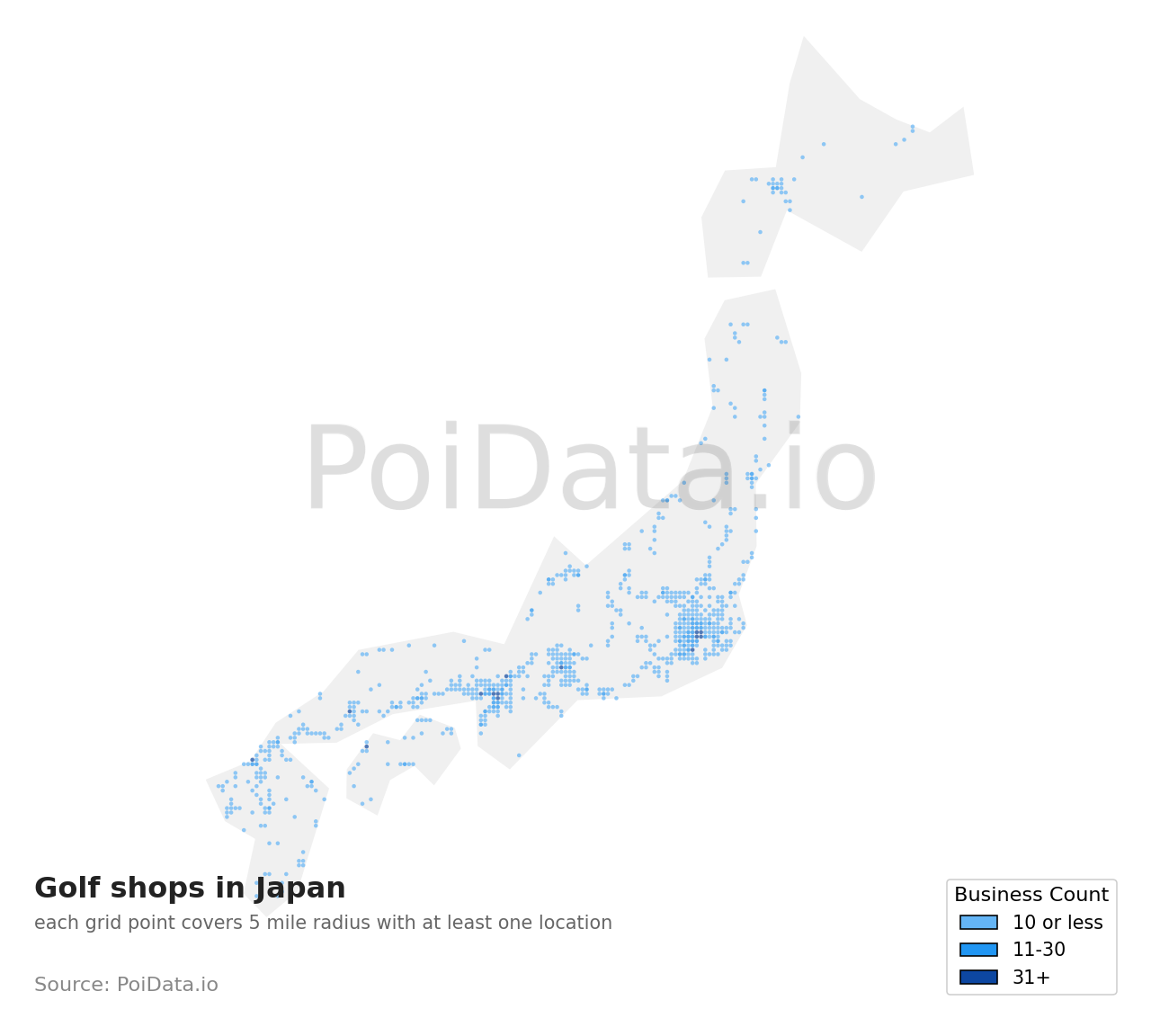 Golf shop density map for Osaka, Japan