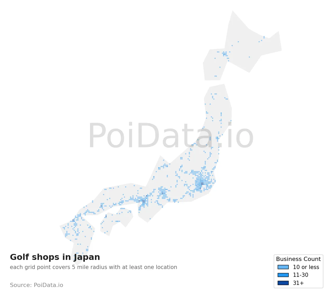 Golf shop density map for Japan