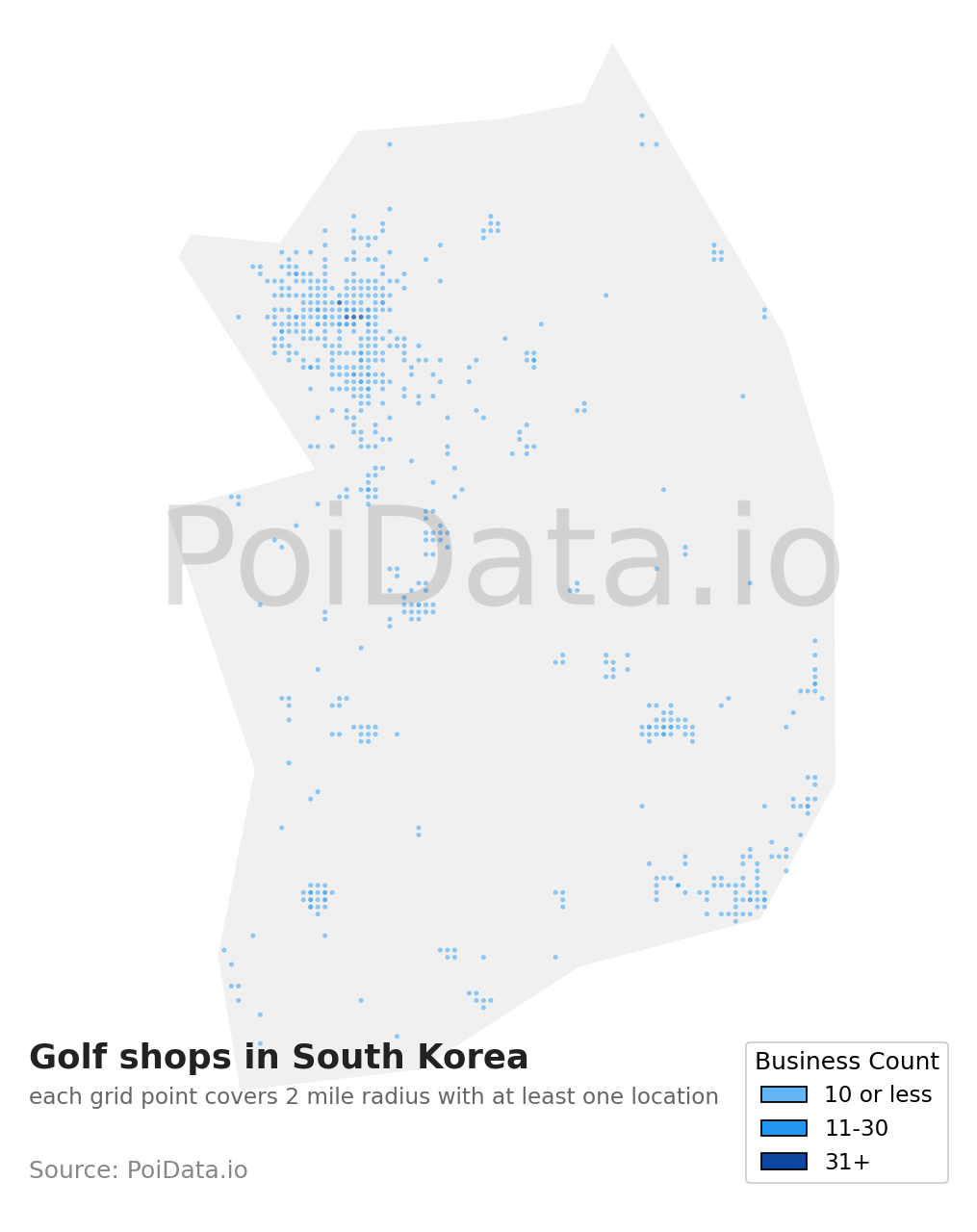 Golf shop density map for South Korea