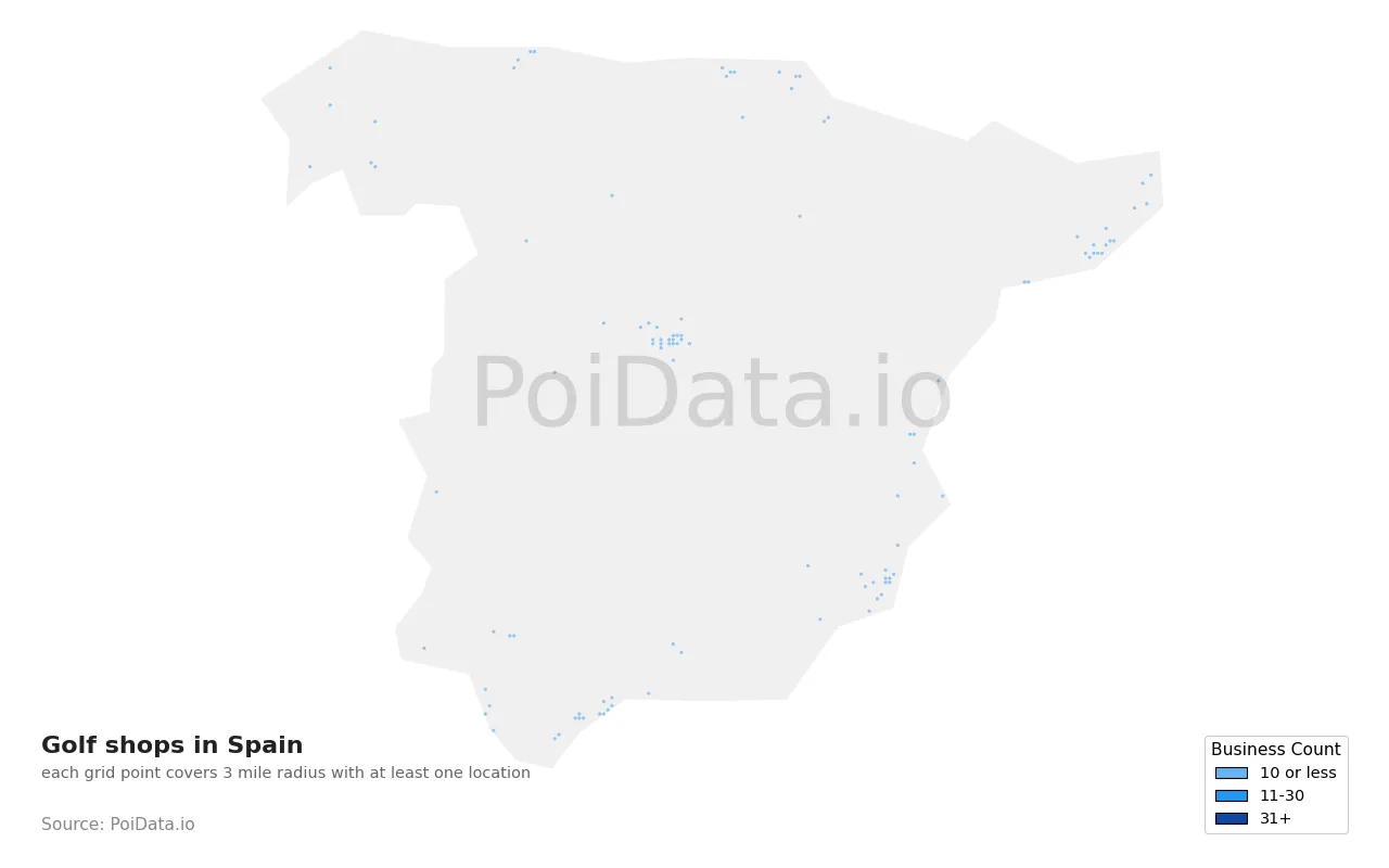 Golf shop density map for Spain