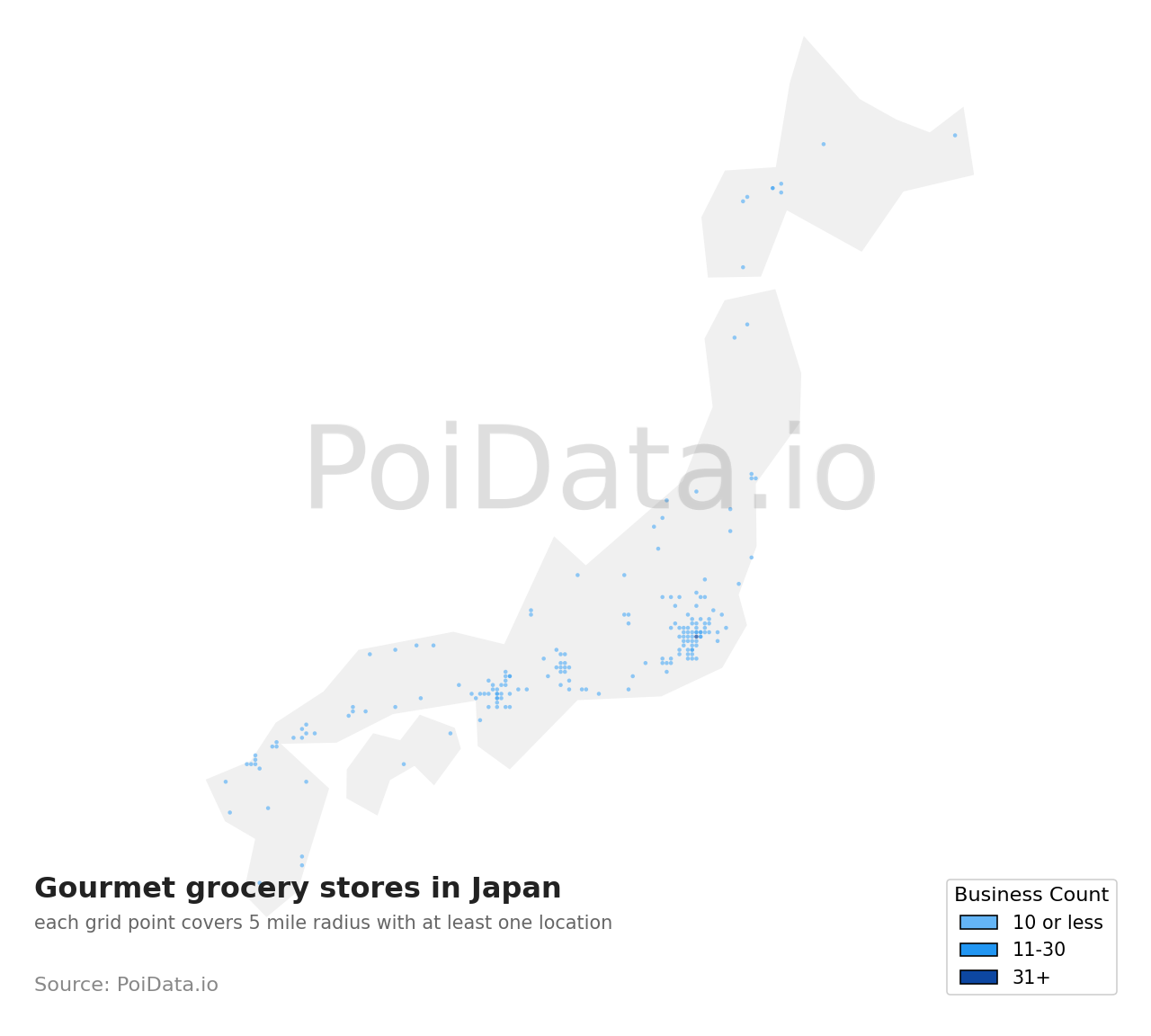 Gourmet grocery store density map for Japan