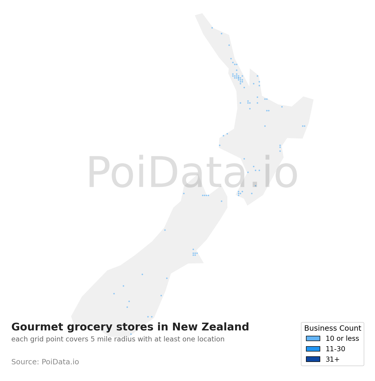 Gourmet grocery store density map for New Zealand