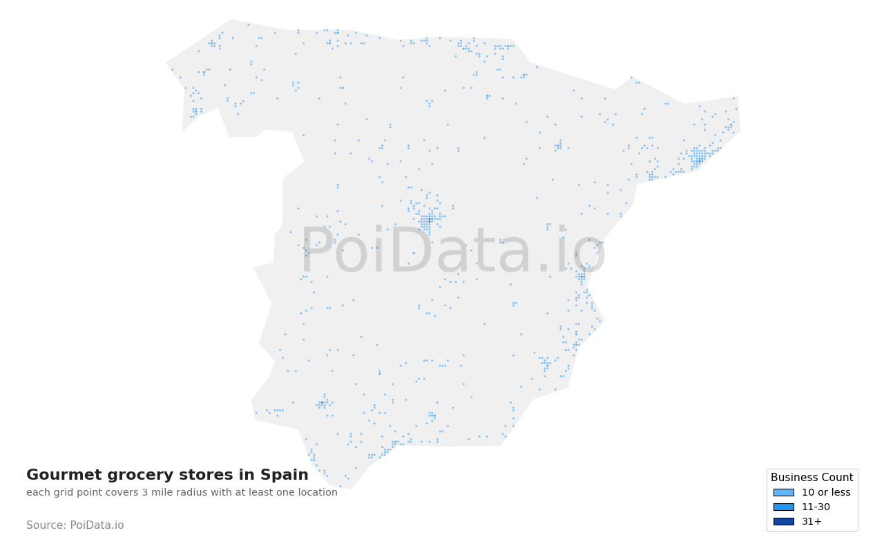 Gourmet grocery store density map for Spain