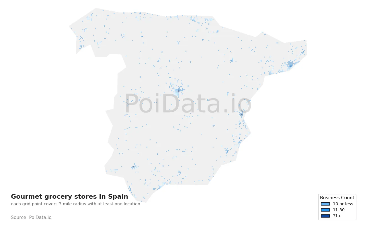 Gourmet grocery store density map for Spain