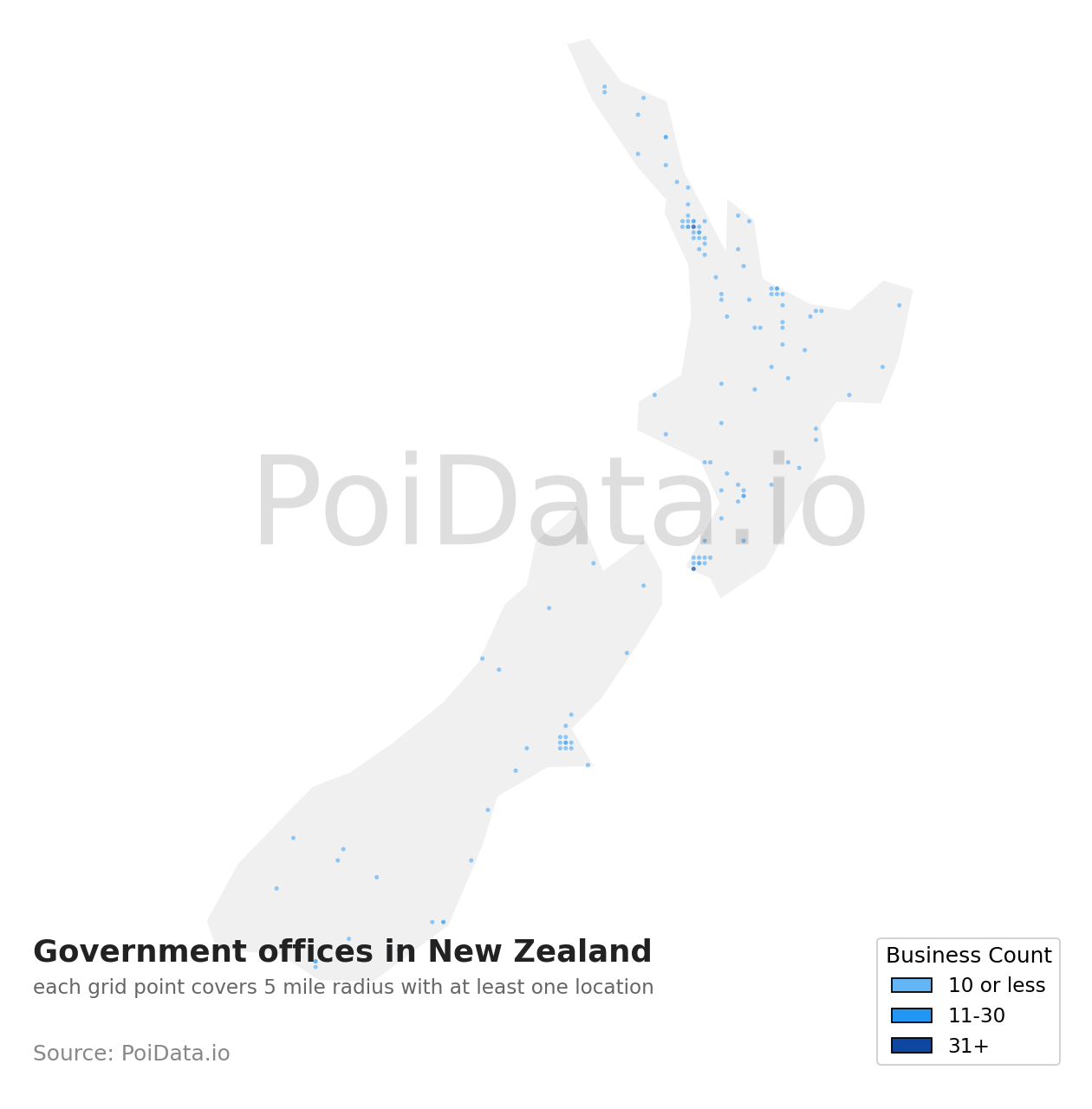 Government office density map for New Zealand