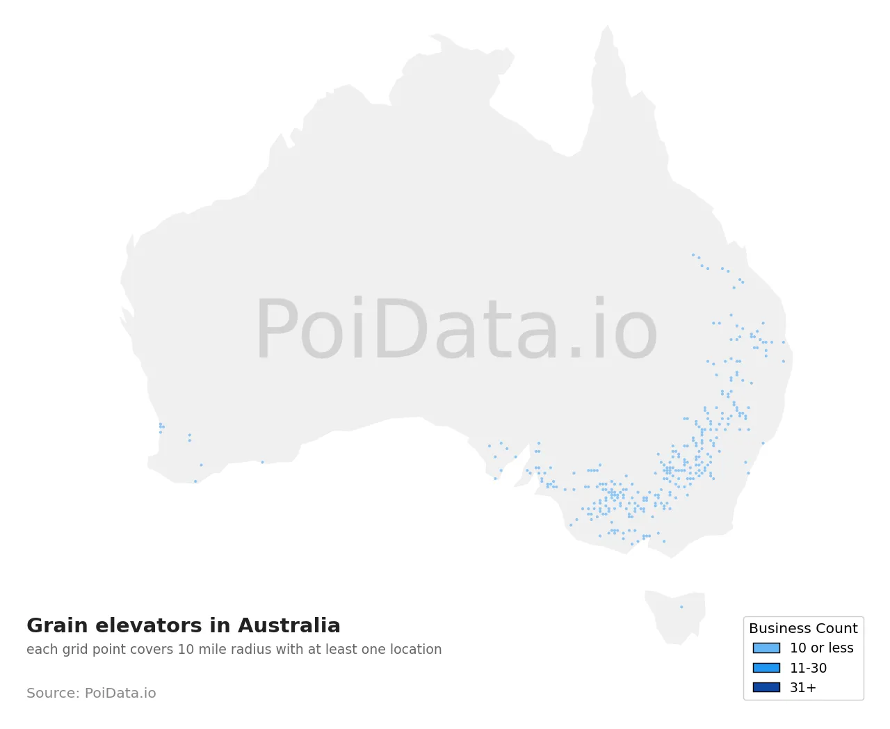 Grain elevator density map for Australia