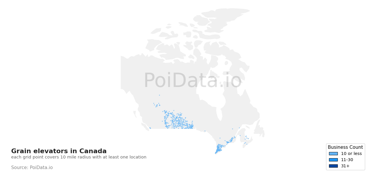 Grain elevator density map for Manitoba, Canada