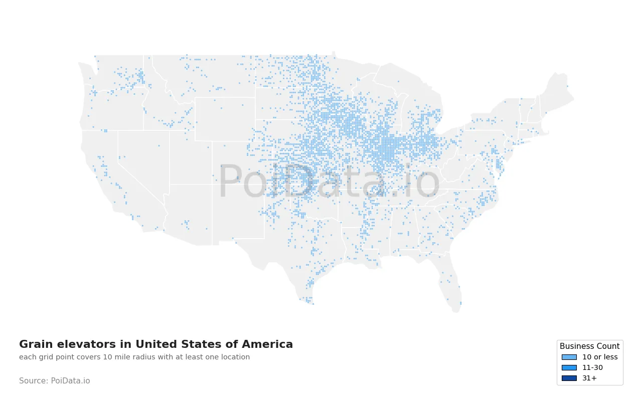 Grain elevator density map for United States