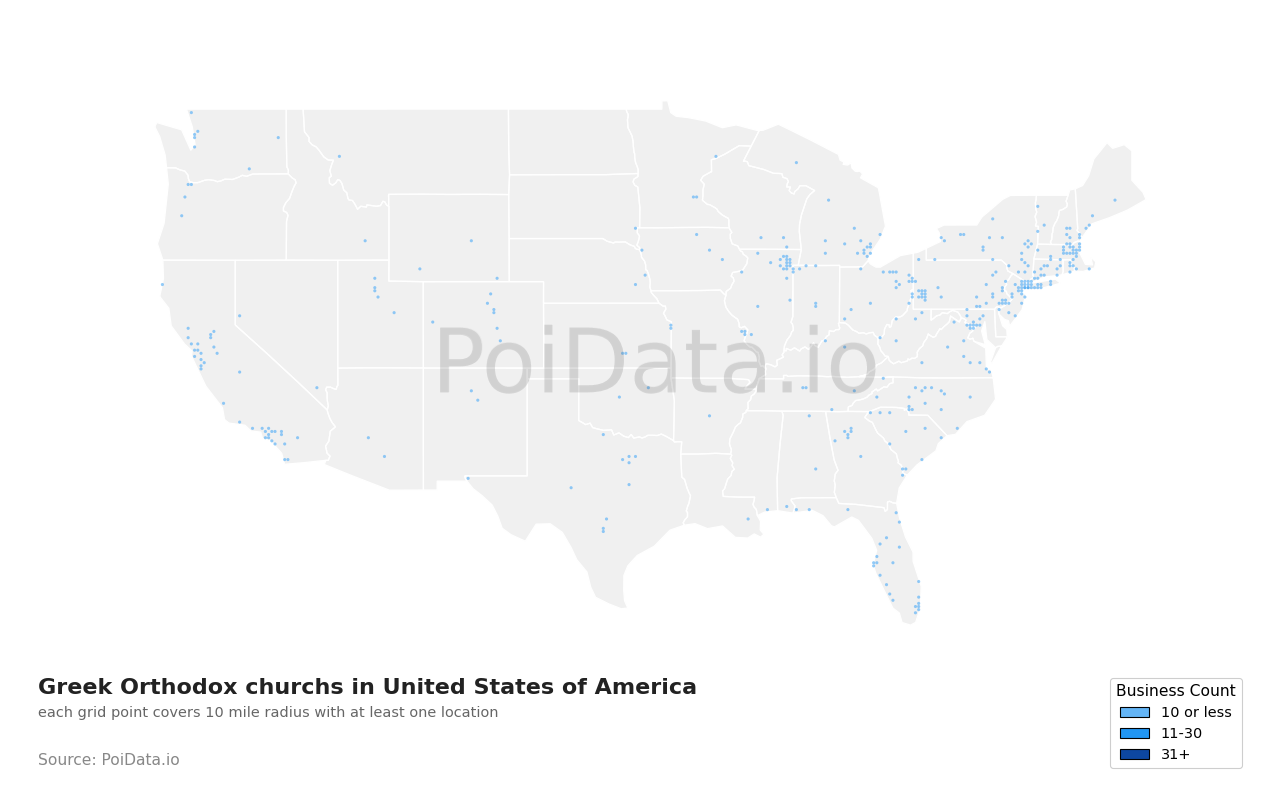 Greek Orthodox church density map for California, United States