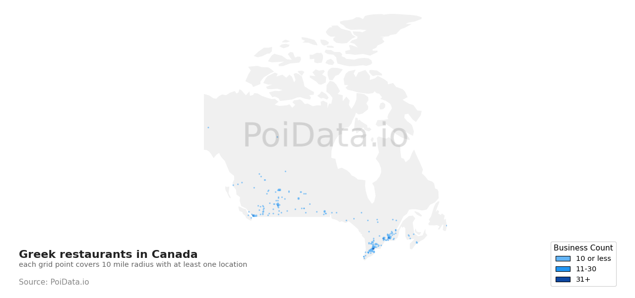 Greek restaurant density map for Quebec, Canada
