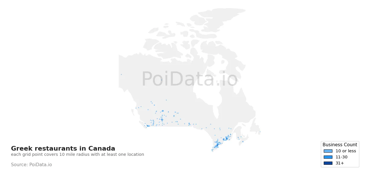 Greek restaurant density map for Canada