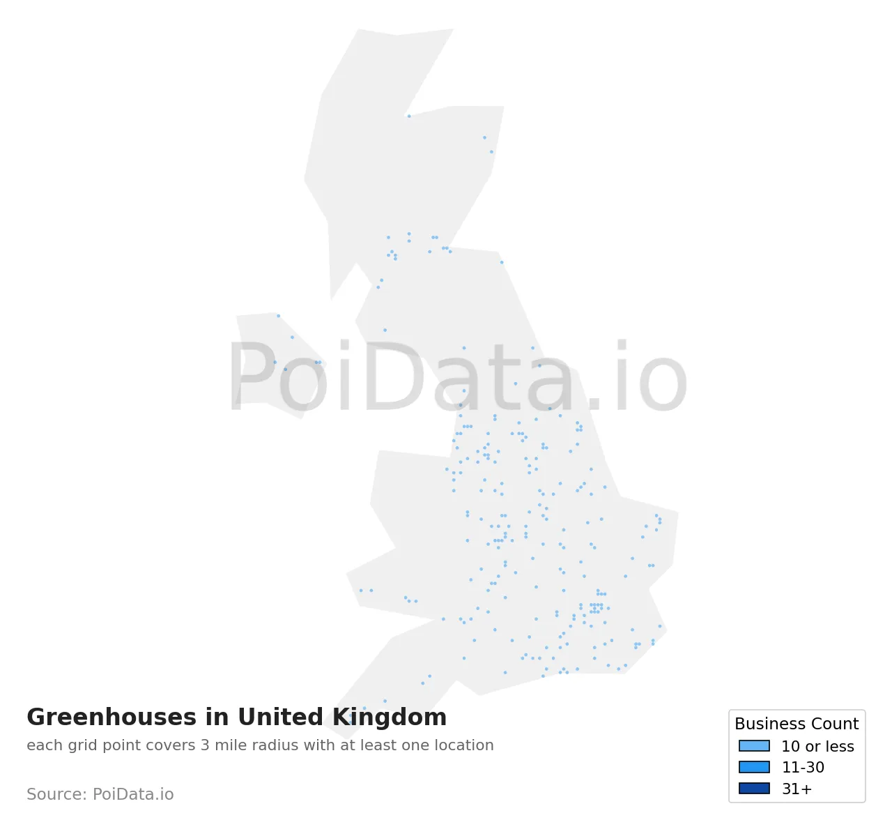 Greenhouse density map for United Kingdom