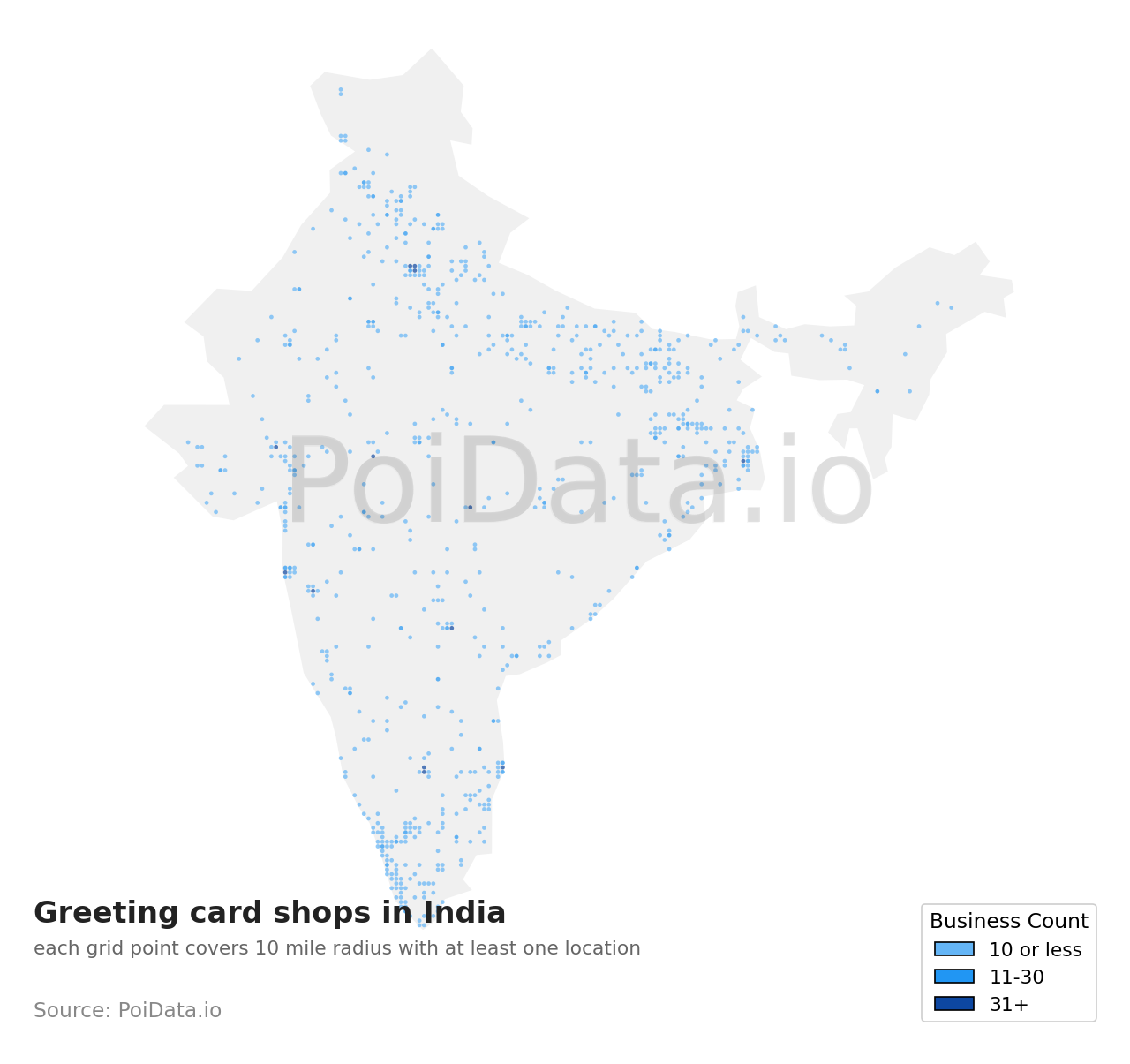 Greeting card shop density map for India