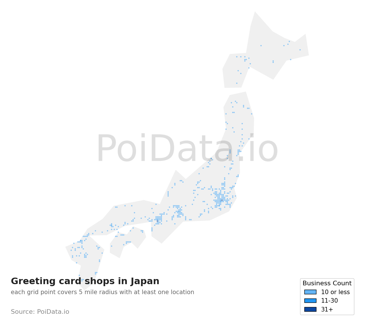 Greeting card shop density map for Japan