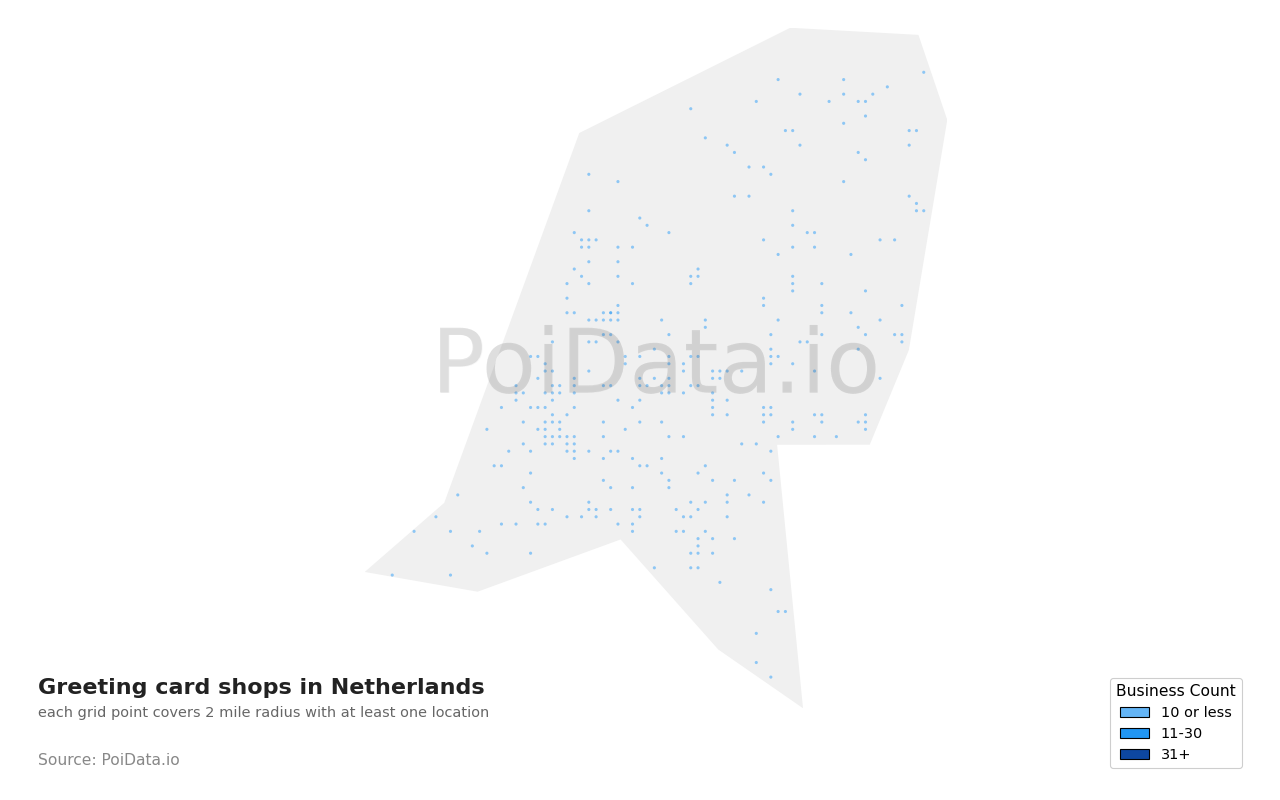 Greeting card shop density map for Netherlands