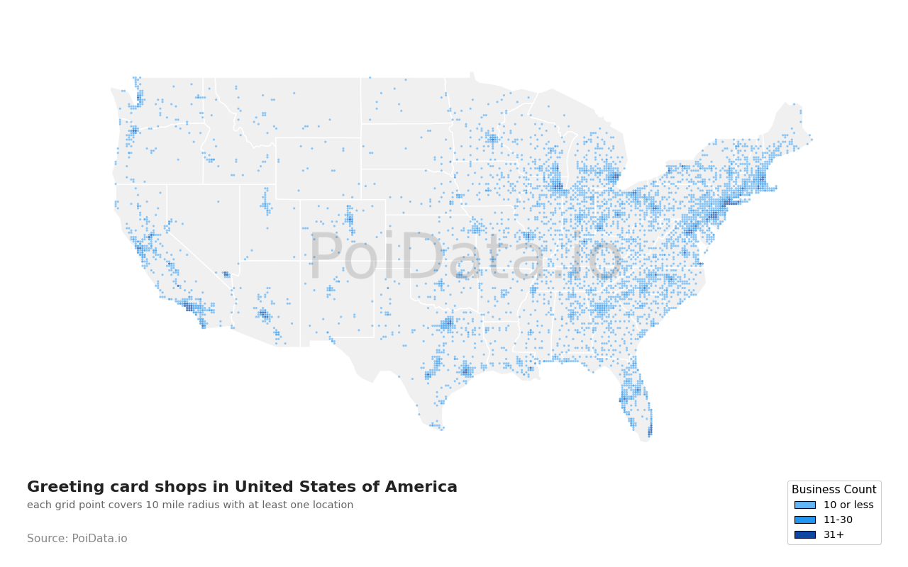 Greeting card shop density map for Maryland, United States