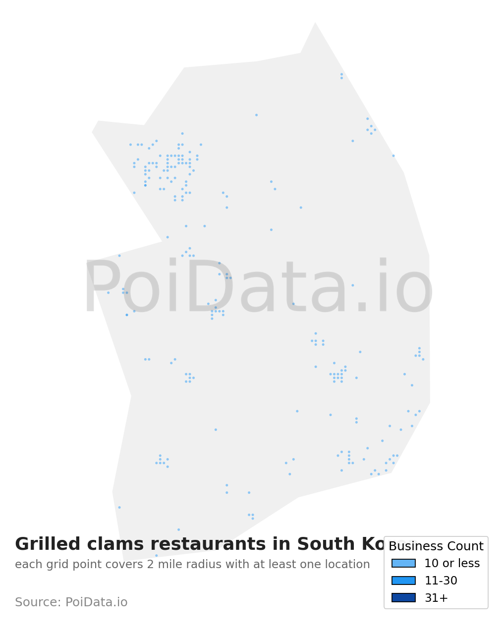 Grilled clams restaurant density map for South Korea