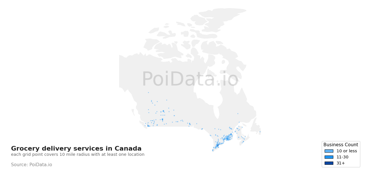 Grocery delivery service density map for Canada