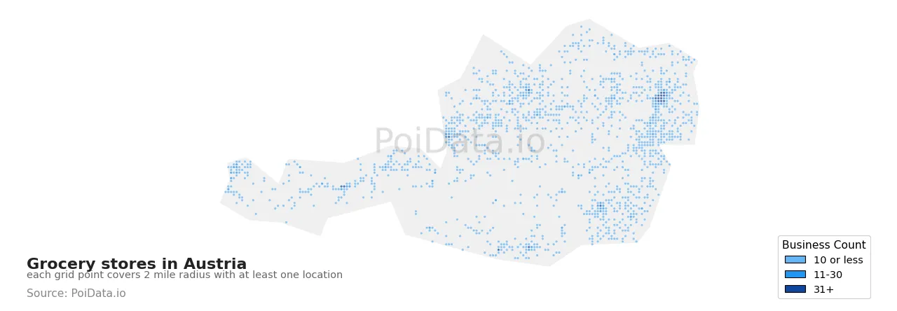 Grocery store density map for Austria