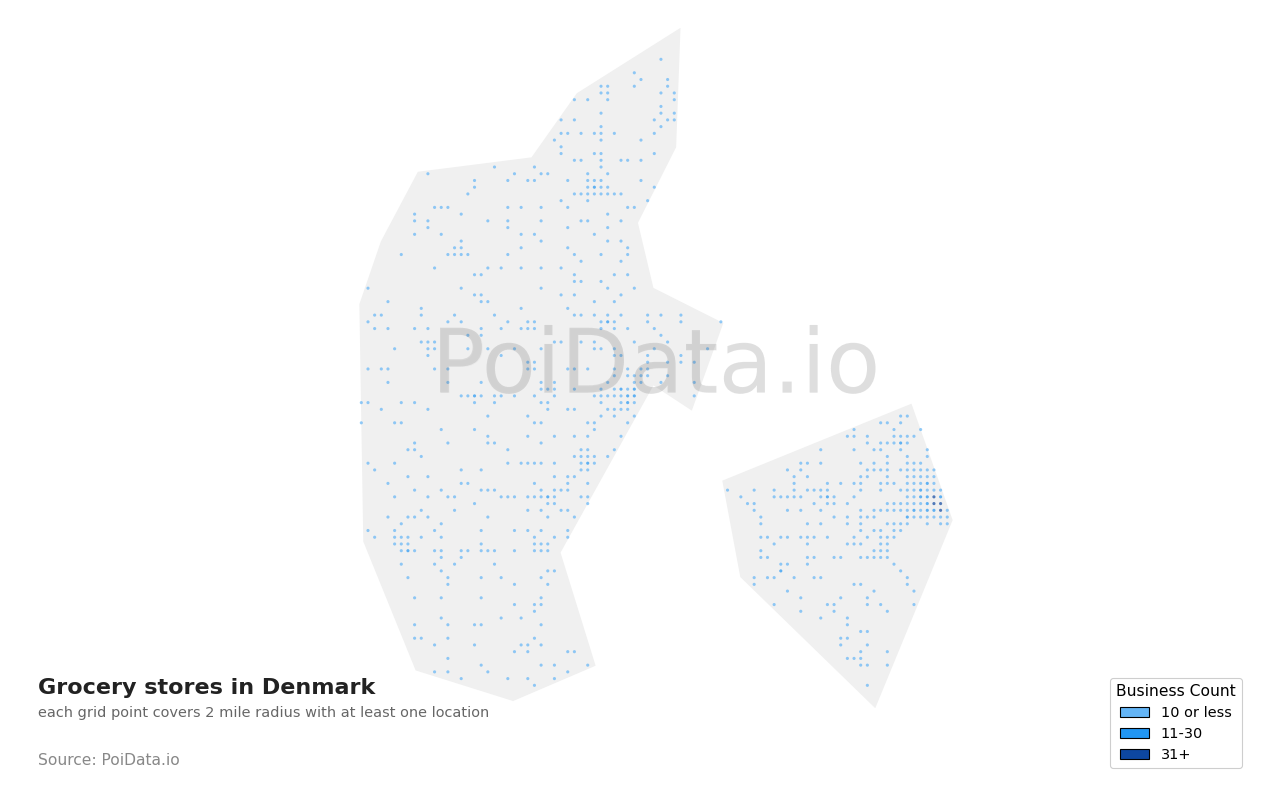 Grocery store density map for Denmark