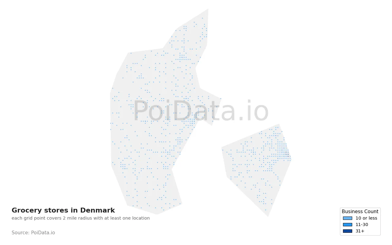 Grocery store density map for Denmark