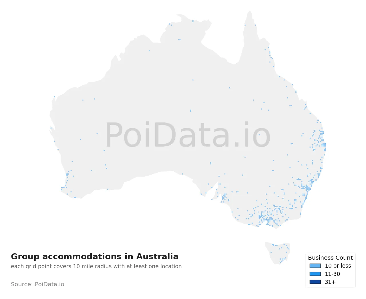 Group accommodation density map for Australia