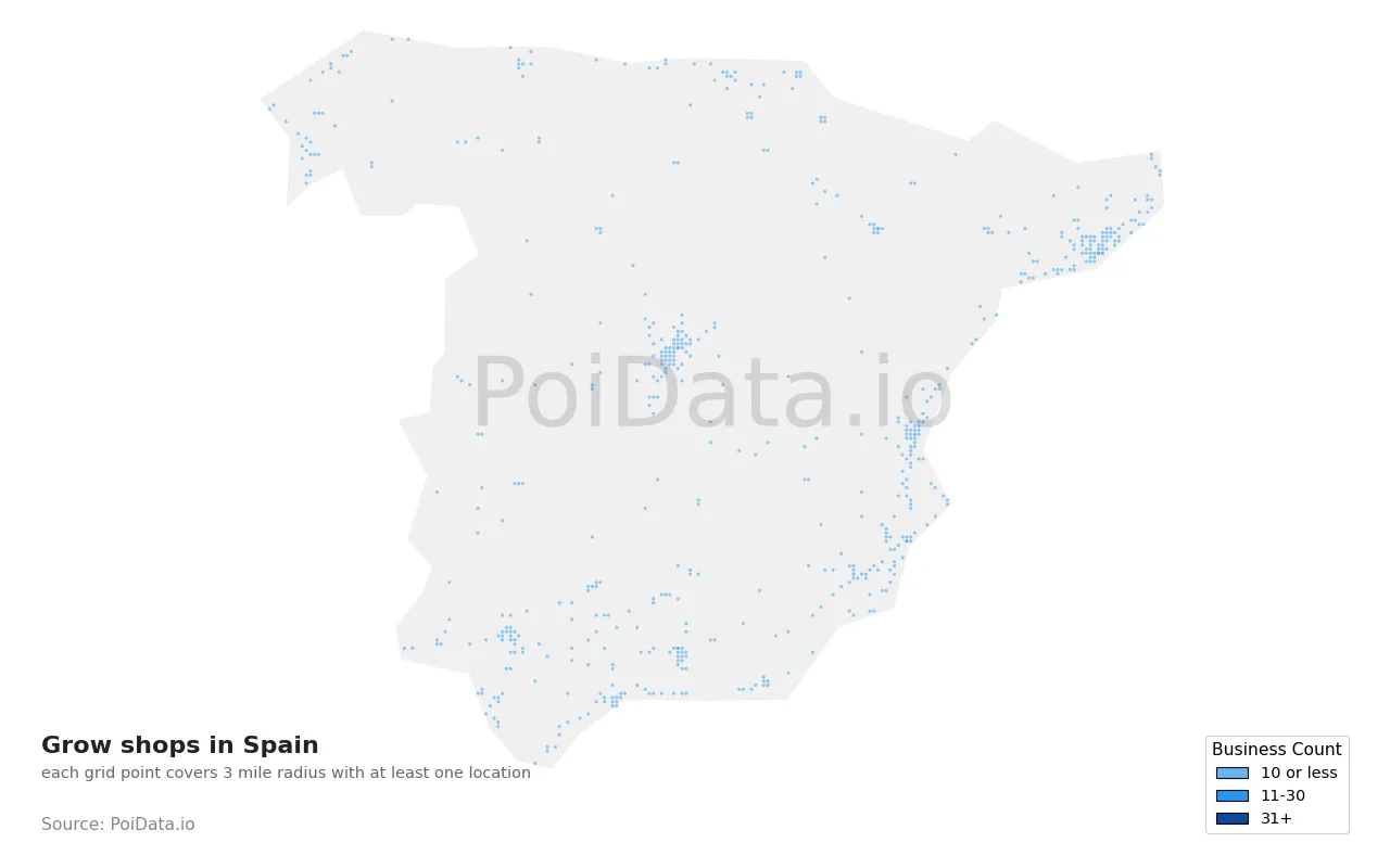 Grow shop density map for Spain