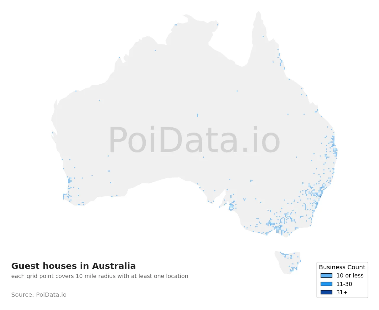 Guest house density map for Australia