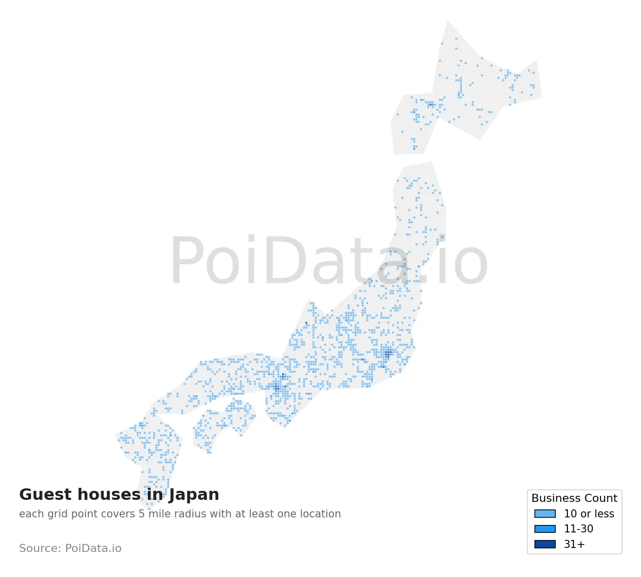 Guest house density map for Japan