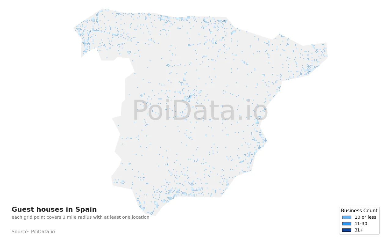 Guest house density map for Spain