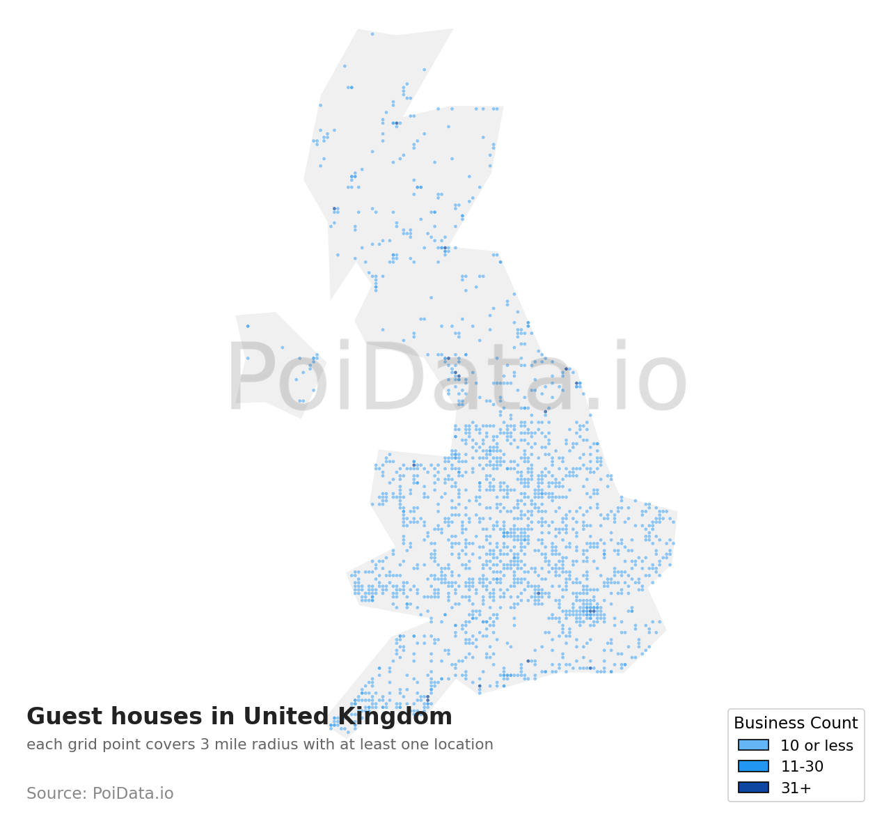 Guest house density map for United Kingdom