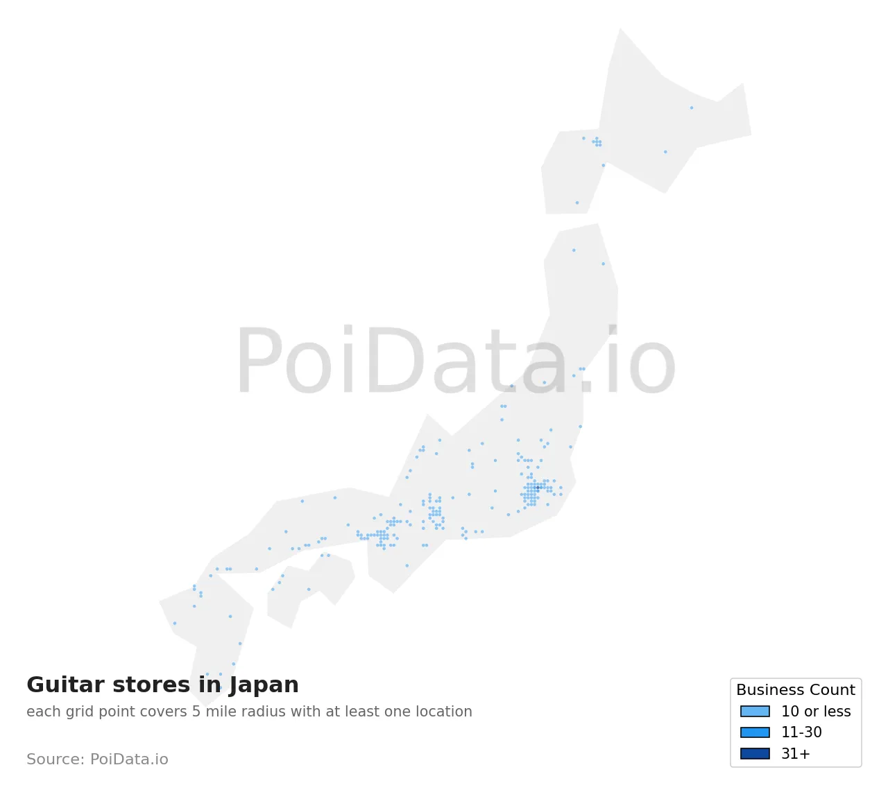 Guitar store density map for Japan