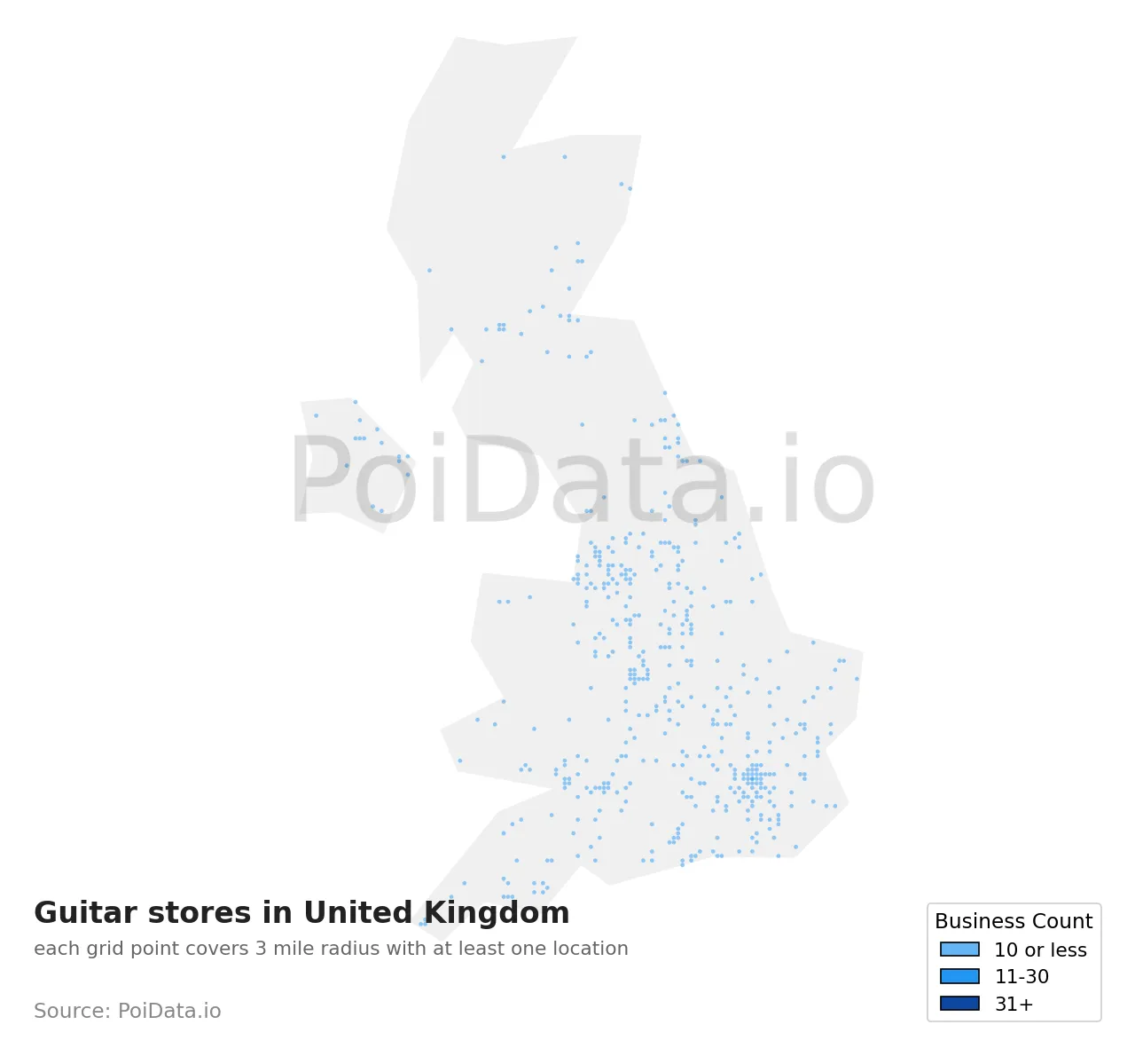 Guitar store density map for United Kingdom