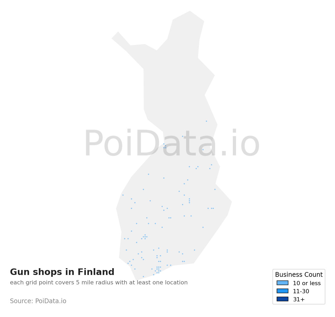 Gun shop density map for Finland