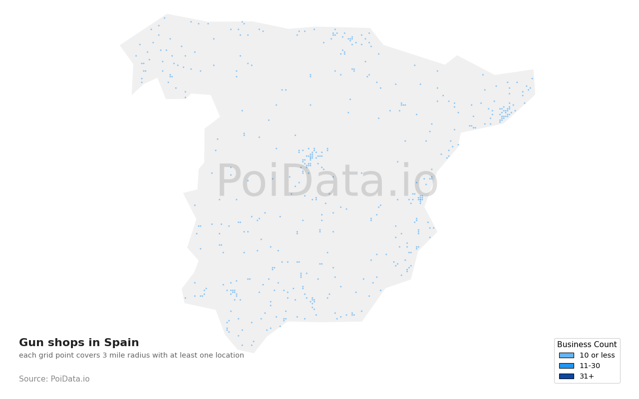 Gun shop density map for Spain