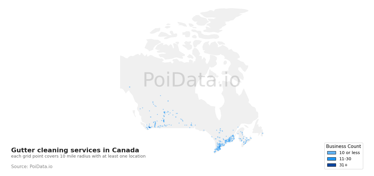 Gutter cleaning service density map for Canada