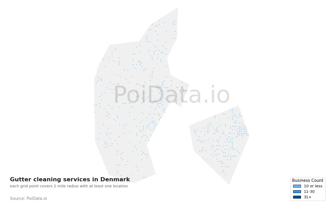 Gutter cleaning service density map for Denmark