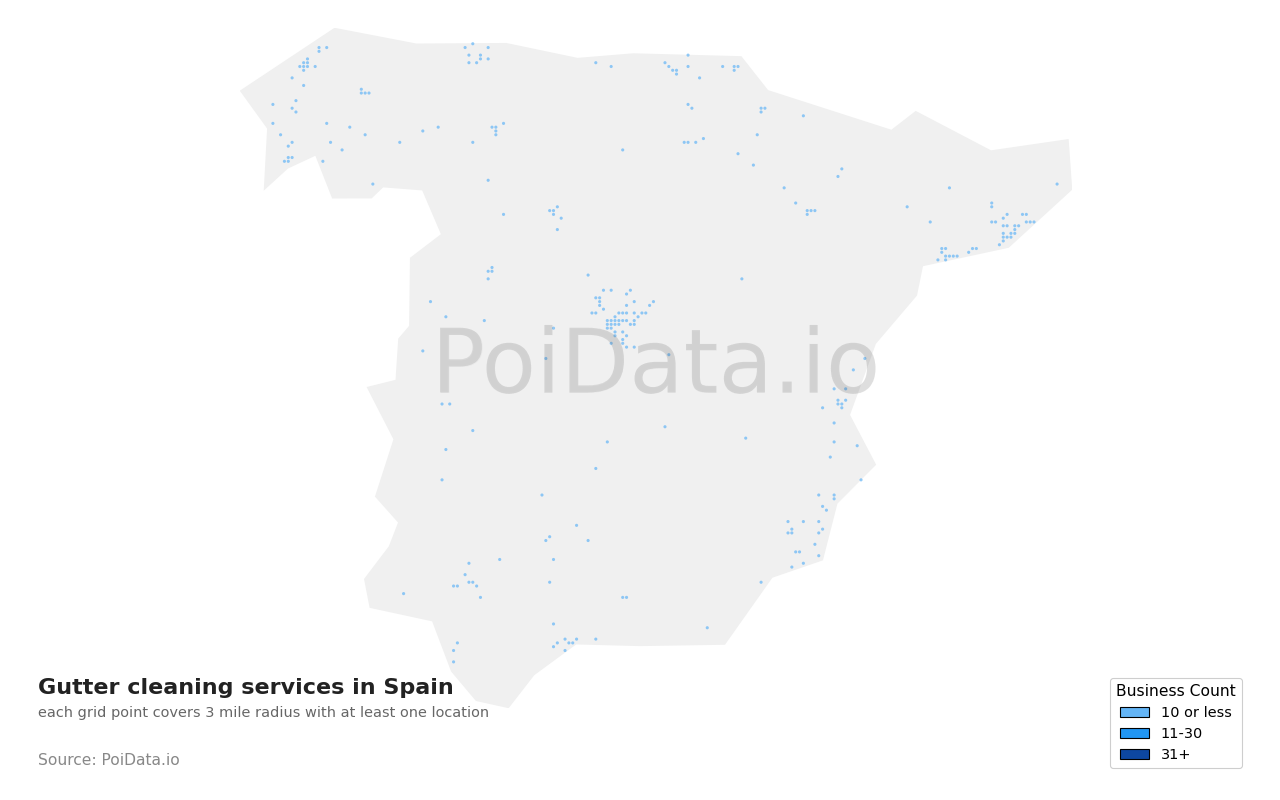 Gutter cleaning service density map for Spain