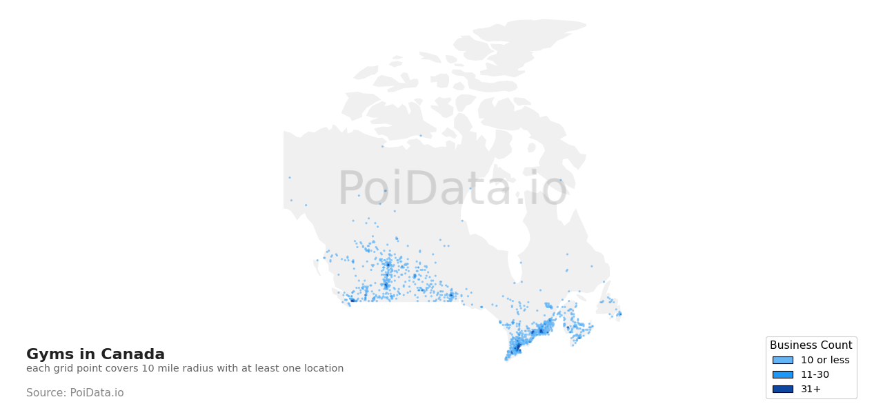 Gym density map for New Brunswick, Canada
